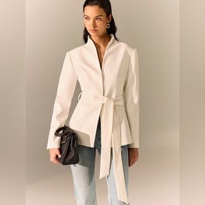 Commense Stand Collar Belted Long Sleeve Blazer